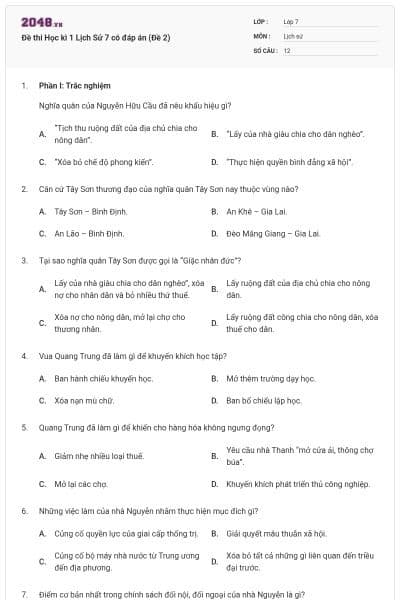 Đề thi Học kì 1 Lịch Sử 7 có đáp án (Đề 2)