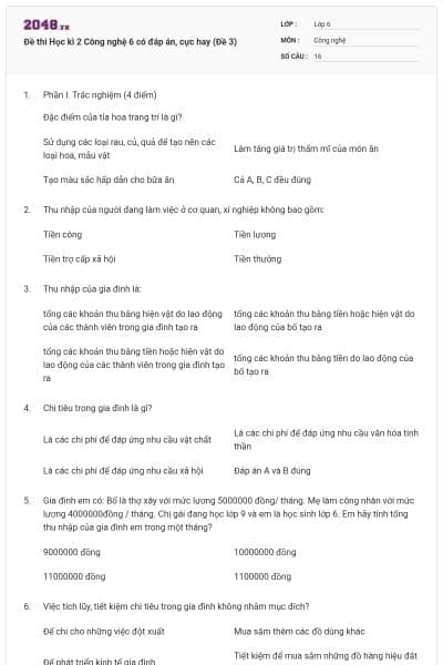 Đề thi Học kì 2 Công nghệ 6 có đáp án, cực hay (Đề 3)