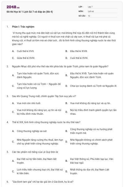 Đề thi Học kì 1 Lịch Sử 7 có đáp án (Đề 4)