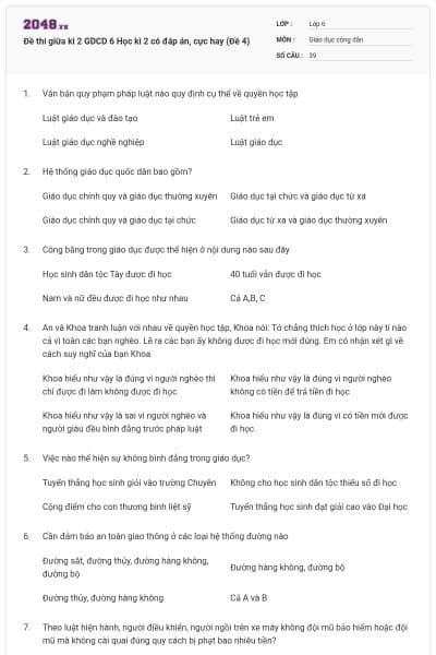 Đề thi giữa kì 2 GDCD 6 Học kì 2 có đáp án, cực hay (Đề 4)