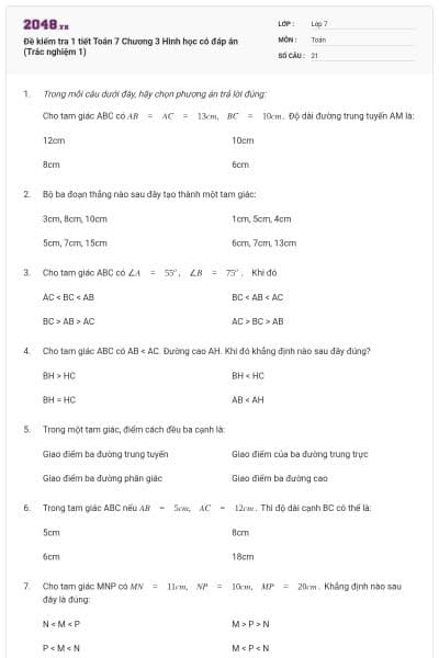 Đề kiểm tra 1 tiết Toán 7 Chương 3 Hình học có đáp án (Trắc nghiệm 1)