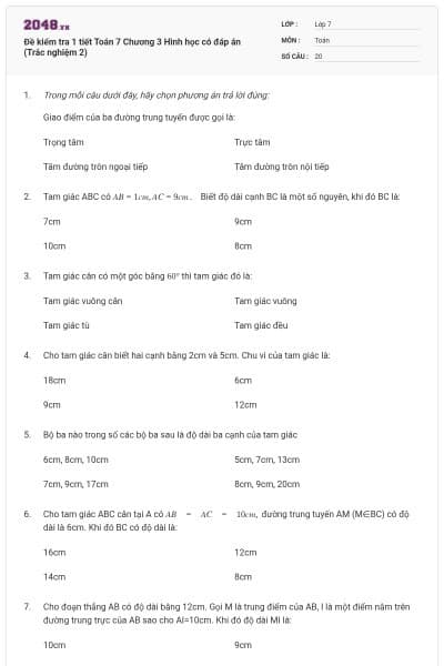Đề kiểm tra 1 tiết Toán 7 Chương 3 Hình học có đáp án (Trắc nghiệm 2)
