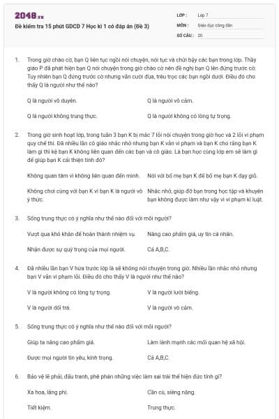 Đề kiểm tra 15 phút GDCD 7 Học kì 1 có đáp án (Đề 3)