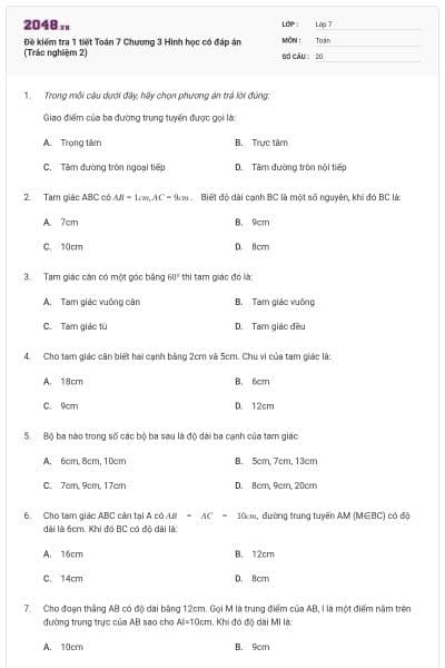 Đề kiểm tra 1 tiết Toán 7 Chương 3 Hình học có đáp án (Trắc nghiệm 2)