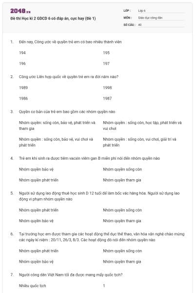 Đề thi Học kì 2 GDCD 6 có đáp án, cực hay (Đề 1)