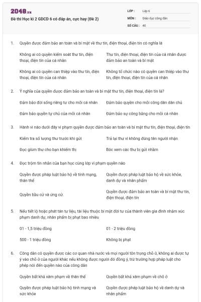 Đề thi Học kì 2 GDCD 6 có đáp án, cực hay (Đề 2)