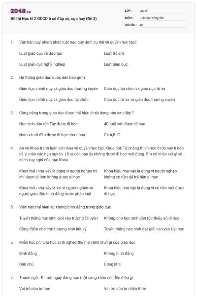 Đề thi Học kì 2 GDCD 6 có đáp án, cực hay (Đề 3)