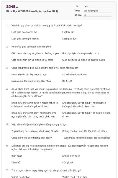 Đề thi Học kì 2 GDCD 6 có đáp án, cực hay (Đề 4)