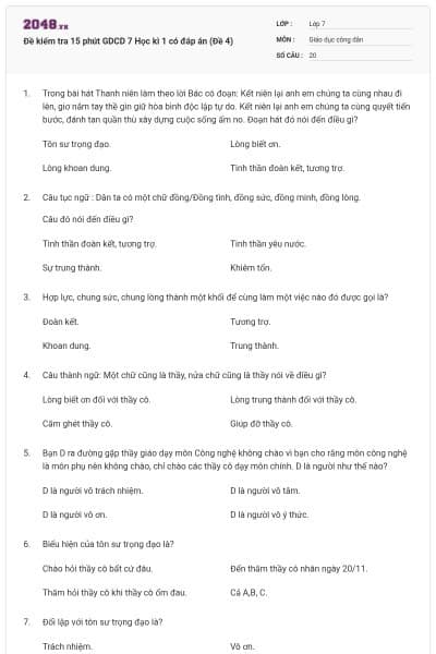 Đề kiểm tra 15 phút GDCD 7 Học kì 1 có đáp án (Đề 4)