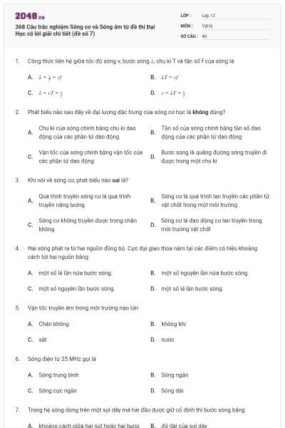 368 Câu trắc nghiệm Sóng cơ và Sóng âm từ đề thi Đại Học có lời giải chi tiết (đề số 7)