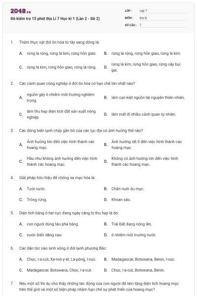Đề kiểm tra 15 phút Địa Lí 7 Học kì 1 (Lần 2 - Đề 2)