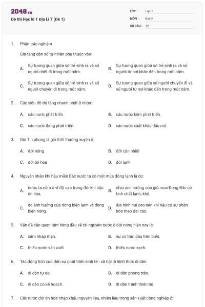 Đề thi Học kì 1 Địa Lí 7 (Đề 1)