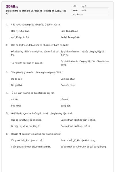 Đề kiểm tra 15 phút Địa Lí 7 Học kì 1 có đáp án (Lần 2 - Đề 4)
