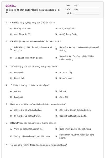 Đề kiểm tra 15 phút Địa Lí 7 Học kì 1 có đáp án (Lần 2 - Đề 4)