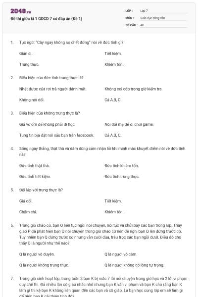 Đề thi giữa kì 1 GDCD 7 có đáp án (Đề 1)