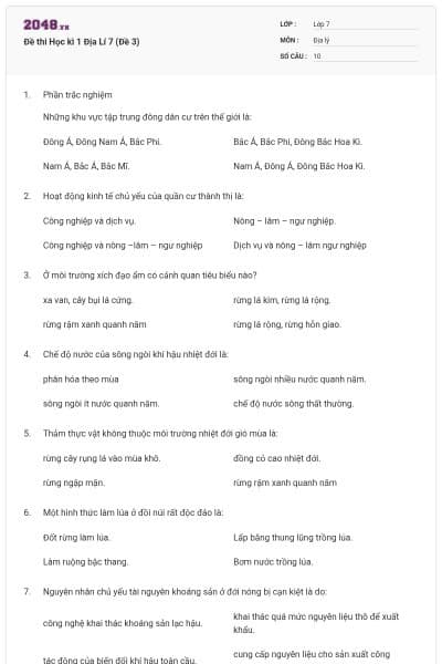 Đề thi Học kì 1 Địa Lí 7 (Đề 3)