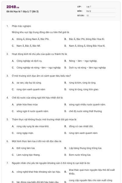 Đề thi Học kì 1 Địa Lí 7 (Đề 3)