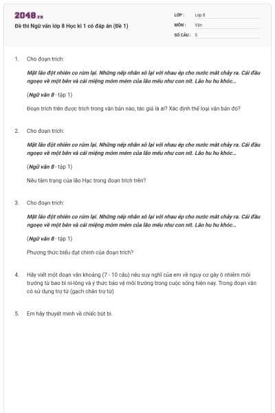 Đề thi Ngữ văn lớp 8 Học kì 1 có đáp án (Đề 1)