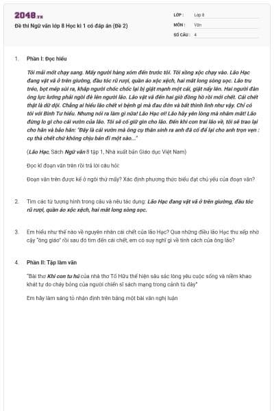 Đề thi Ngữ văn lớp 8 Học kì 1 có đáp án (Đề 2)