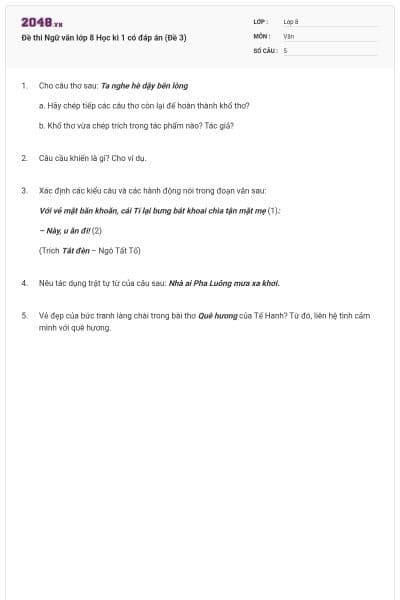 Đề thi Ngữ văn lớp 8 Học kì 1 có đáp án (Đề 3)