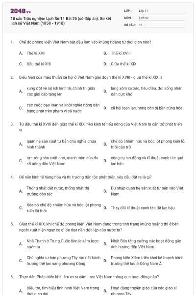18 câu Trắc nghiệm Lịch Sử 11 Bài 25 (có đáp án): Sơ kết lịch sử Việt Nam (1858 - 1918)