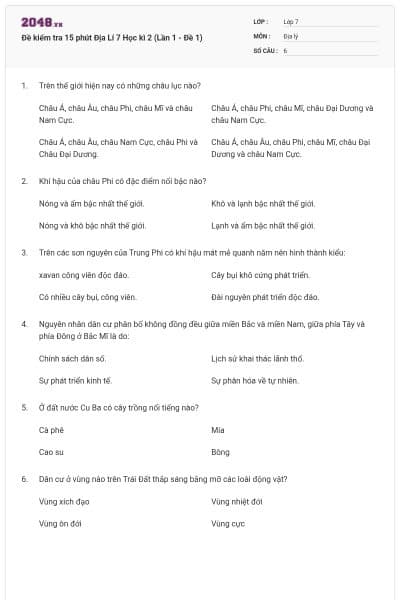 Đề kiểm tra 15 phút Địa Lí 7 Học kì 2 (Lần 1 - Đề 1)