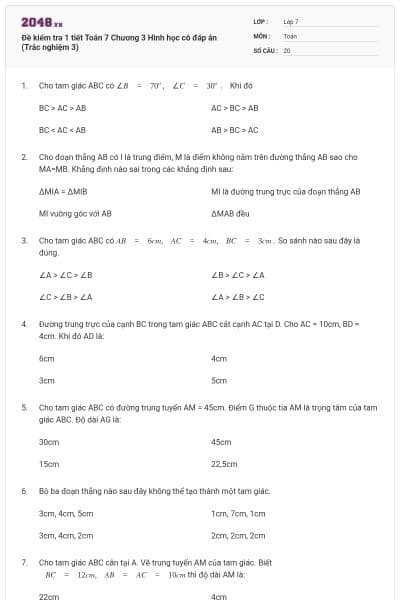 Đề kiểm tra 1 tiết Toán 7 Chương 3 Hình học có đáp án (Trắc nghiệm 3)