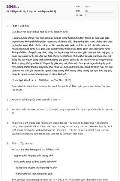Đề thi Ngữ văn lớp 8 Học kì 1 có đáp án (Đề 4)