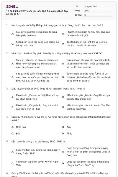 16 Đề thi thử THPT quốc gia môn Lịch Sử mới nhất có đáp án (Đề số 17)