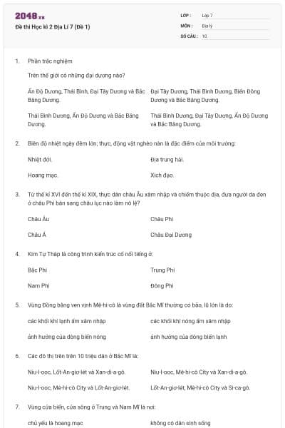 Đề thi Học kì 2 Địa Lí 7 (Đề 1)