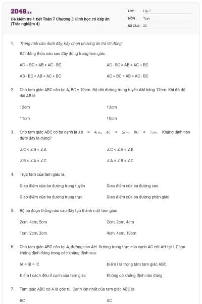 Đề kiểm tra 1 tiết Toán 7 Chương 3 Hình học có đáp án (Trắc nghiệm 4)