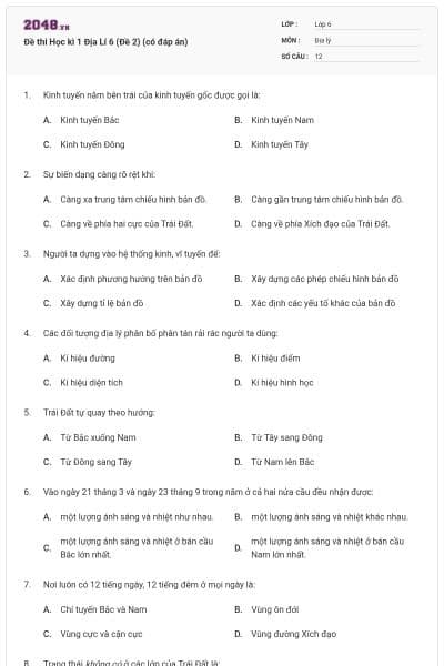 Đề thi Học kì 1 Địa Lí 6 (Đề 2) (có đáp án)