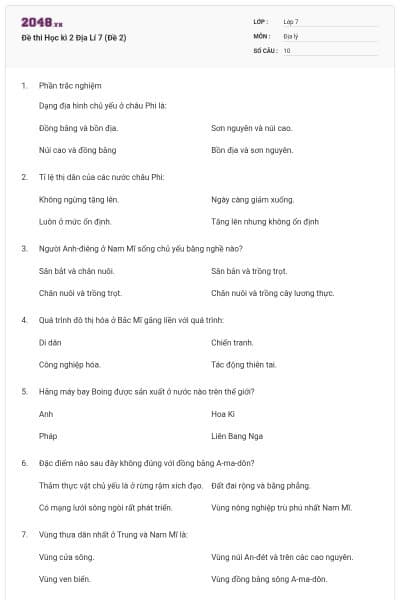 Đề thi Học kì 2 Địa Lí 7 (Đề 2)