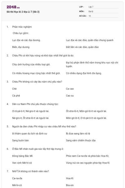 Đề thi Học kì 2 Địa Lí 7 (Đề 3)