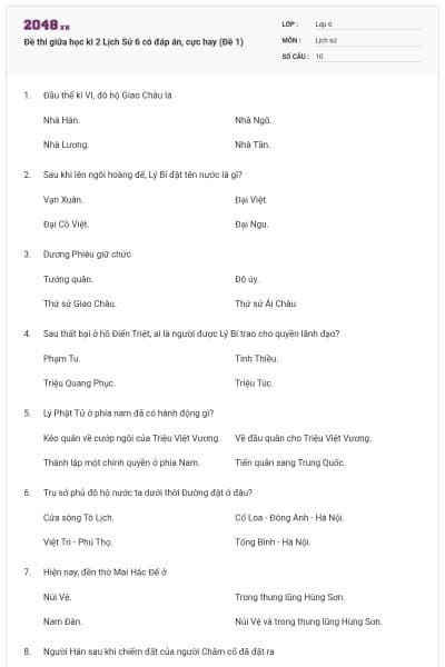 Đề thi giữa học kì 2 Lịch Sử 6 có đáp án, cực hay (Đề 1)