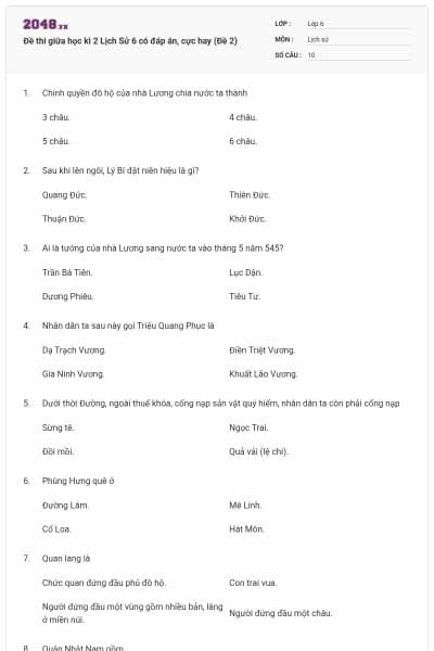 Đề thi giữa học kì 2 Lịch Sử 6 có đáp án, cực hay (Đề 2)