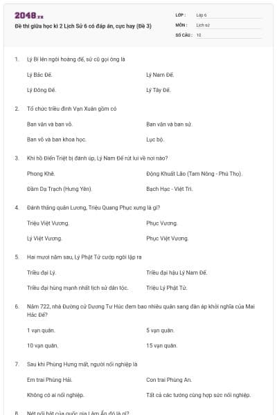 Đề thi giữa học kì 2 Lịch Sử 6 có đáp án, cực hay (Đề 3)