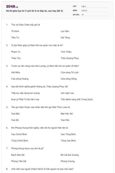 Đề thi giữa học kì 2 Lịch Sử 6 có đáp án, cực hay (Đề 4)