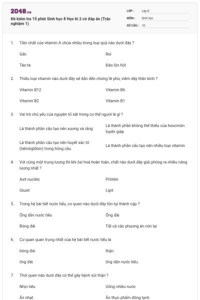 Đề kiểm tra 15 phút Sinh học 8 Học kì 2 có đáp án (Trắc nghiệm 1)