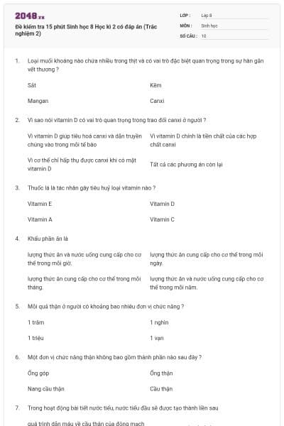 Đề kiểm tra 15 phút Sinh học 8 Học kì 2 có đáp án (Trắc nghiệm 2)