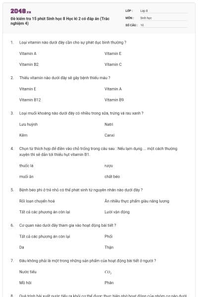 Đề kiểm tra 15 phút Sinh học 8 Học kì 2 có đáp án (Trắc nghiệm 4)