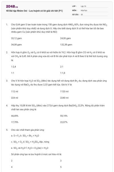 48 Bài tập Nhóm Oxi - Lưu huỳnh có lời giải chi tiết (P1)