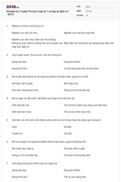 Đề kiểm tra 15 phút Tin học 6 Học kì 1 có đáp án (Bài số 1 - Đề 2)