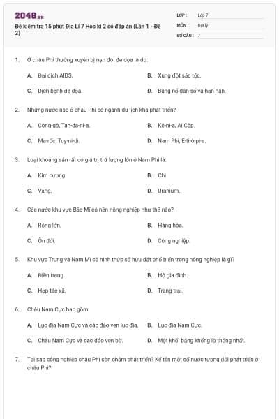 Đề kiểm tra 15 phút Địa Lí 7 Học kì 2 có đáp án (Lần 1 - Đề 2)