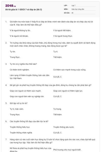 Đề thi giữa kì 1 GDCD 7 có đáp án (Đề 3)