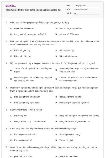 Tổng hợp đề thi thử môn GDCD có đáp án mới nhất (Đề 13)