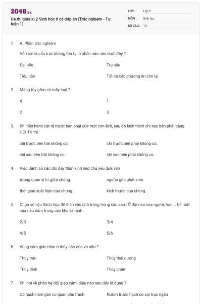 Đề thi giữa kì 2 Sinh học 8 có đáp án (Trắc nghiệm - Tự luận 1)