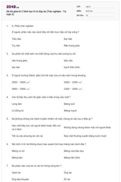 Đề thi giữa kì 2 Sinh học 8 có đáp án (Trắc nghiệm - Tự luận 2)