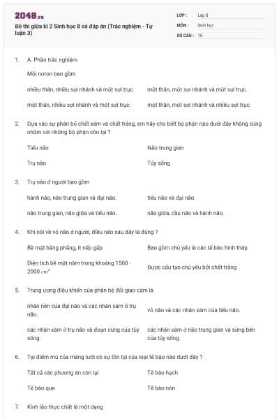 Đề thi giữa kì 2 Sinh học 8 có đáp án (Trắc nghiệm - Tự luận 3)