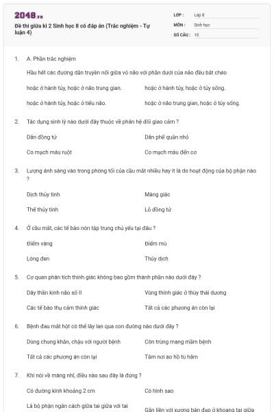 Đề thi giữa kì 2 Sinh học 8 có đáp án (Trắc nghiệm - Tự luận 4)
